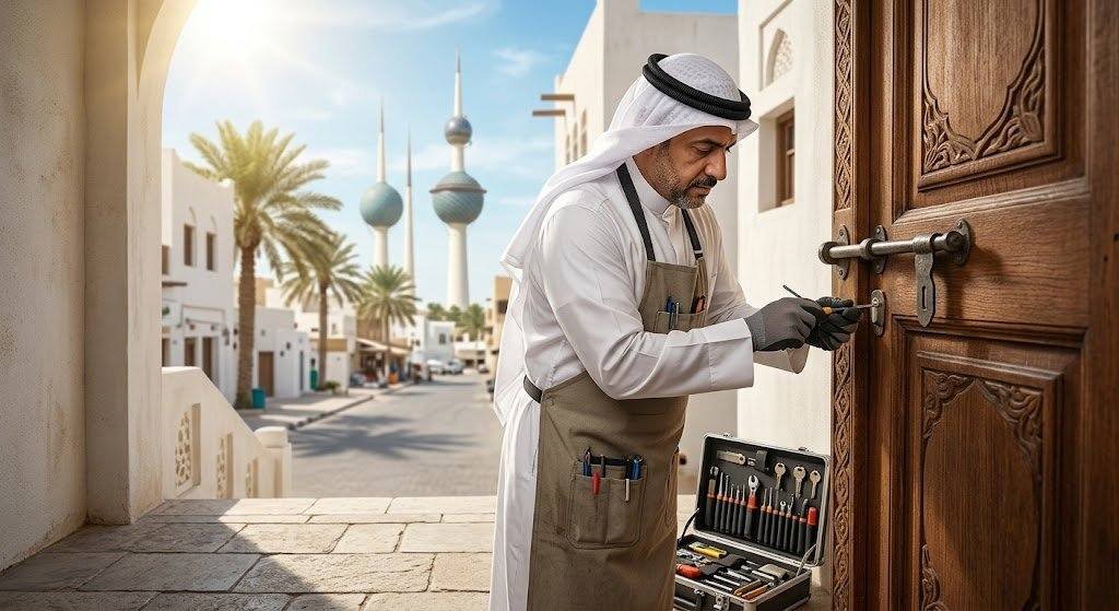 فني محترف يقوم بفتح الأقفال والأبواب المغلقة بأمان وسرعة عالية ضمن خدمات فتح أقفال القبلة بالكويت لضمان تقديم المساعدة الفورية وراحة العملاء.