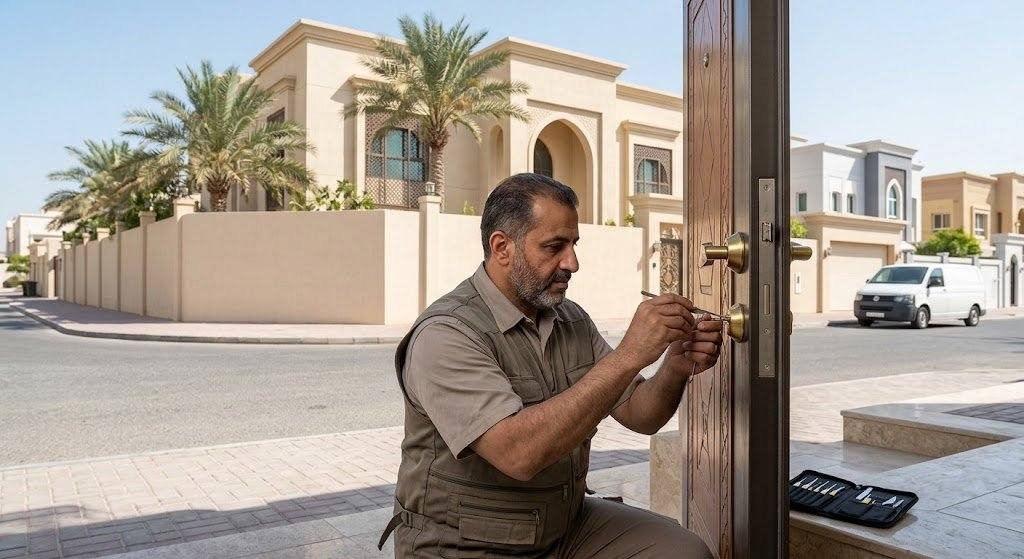 فني محترف يقوم بفتح أقفال الأبواب بأمان وسرعة عالية ضمن خدمات فتح اقفال الفنطاس بالكويت لضمان راحة وسلامة ممتلكات العملاء.